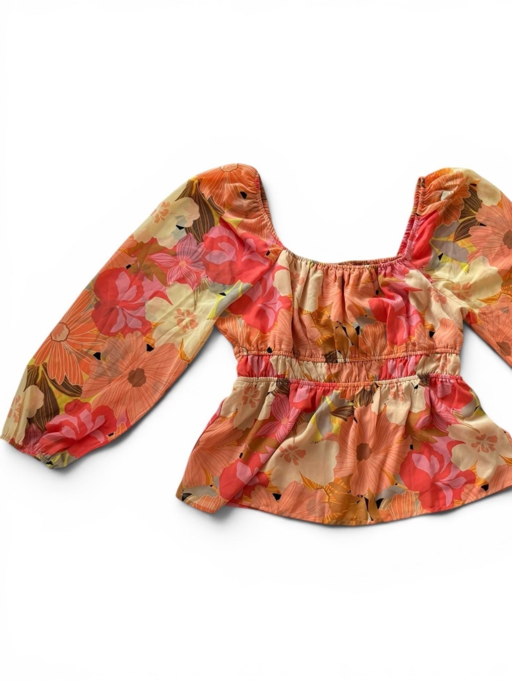 Y2K Orange Floral Boho Peasant Shirt Top